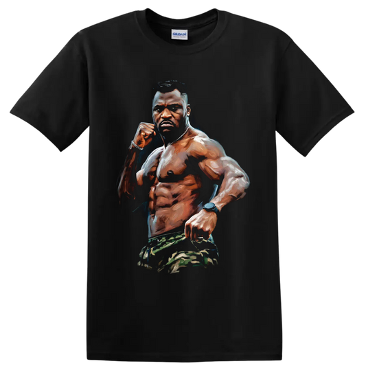 Francis Ngannou painted MMA fighter portrait with raised fist and camouflage shorts on a Black T Shirt