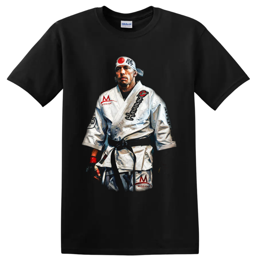 Painted Georges St-Pierre MMA fighter portrait in white gi and headband on a Black T Shirt