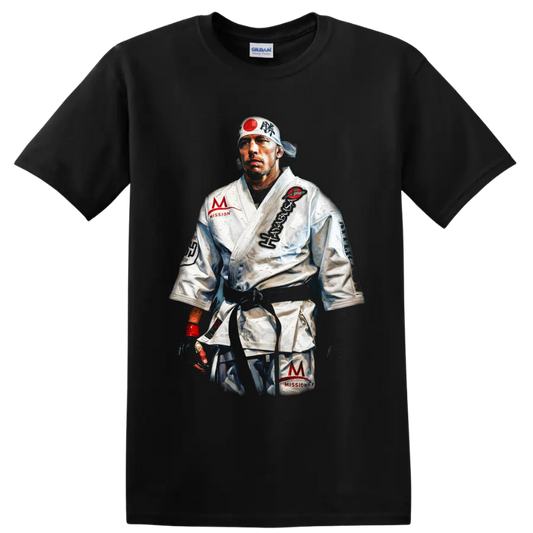 Painted Georges St-Pierre MMA fighter portrait in white gi and headband on a Black T Shirt
