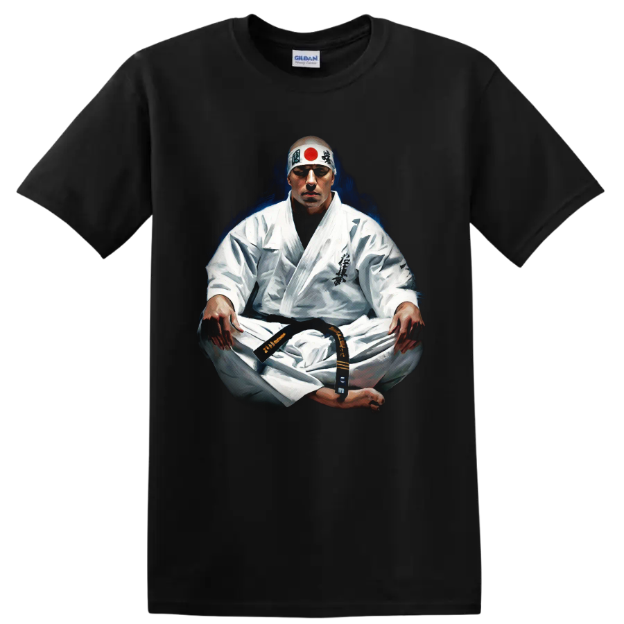 Masutatsu Oyama seated in meditation, painterly Kyokushin karate portrait on a Black T Shirt