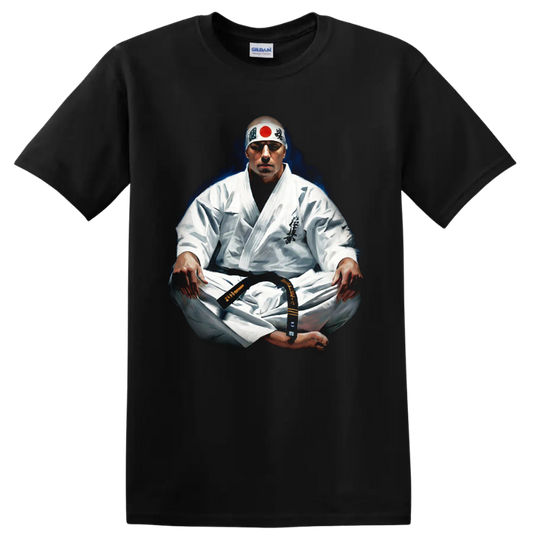 Masutatsu Oyama seated in meditation, painterly Kyokushin karate portrait on a Black T Shirt