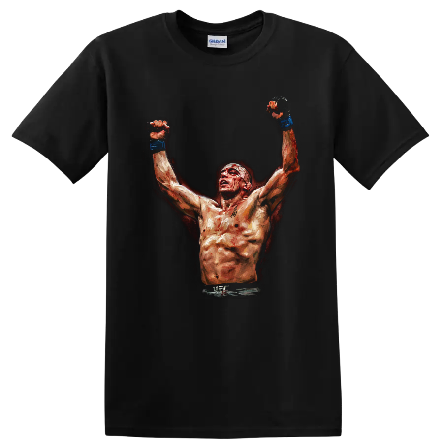 Georges St-Pierre inspired painterly MMA fighter raising blue-gloved fists on a Black T Shirt