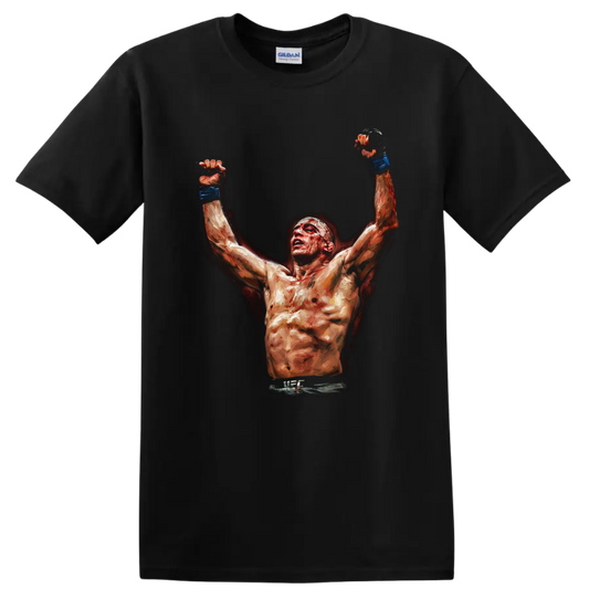 Georges St-Pierre inspired painterly MMA fighter raising blue-gloved fists on a Black T Shirt