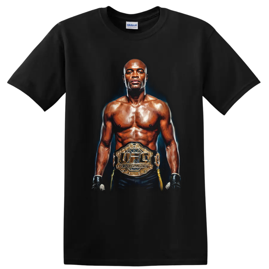 Anderson Silva painterly UFC champion portrait with gloves and gold title belt on a Black T Shirt