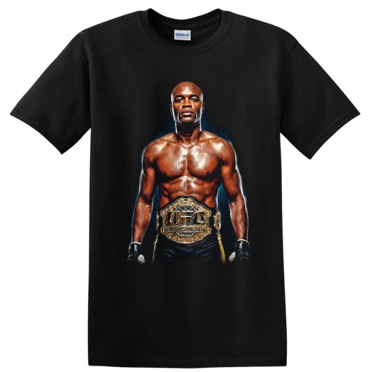 Anderson Silva painterly UFC champion portrait with gloves and gold title belt on a Black T Shirt