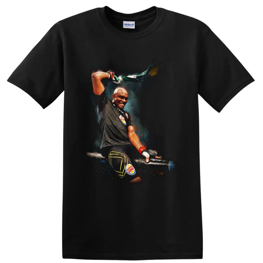 Anderson Silva in a dramatic painted cage-victory pose with raised Brazilian flag on a Black T Shirt