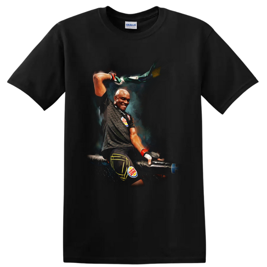 Anderson Silva in a dramatic painted cage-victory pose with raised Brazilian flag on a Black T Shirt