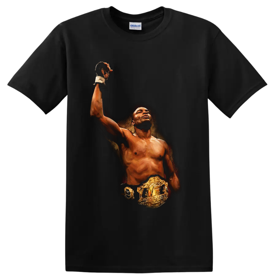 Kevin Randleman painterly MMA portrait raising a gloved hand with championship belt on a Black T Shirt