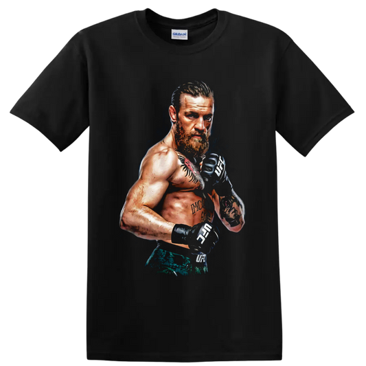 Conor McGregor tattooed MMA fighter portrait in a guarded stance with combat gloves on a Black T Shirt