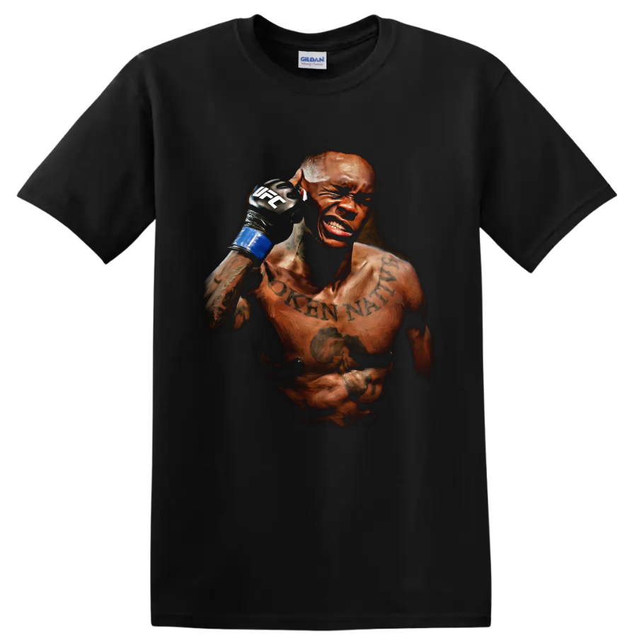 Israel Adesanya intense painted MMA fighter portrait with raised blue glove on a Black T Shirt