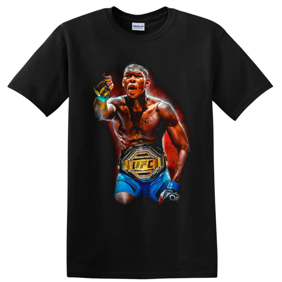Israel Adesanya painted MMA portrait with UFC championship belt on a Black T Shirt