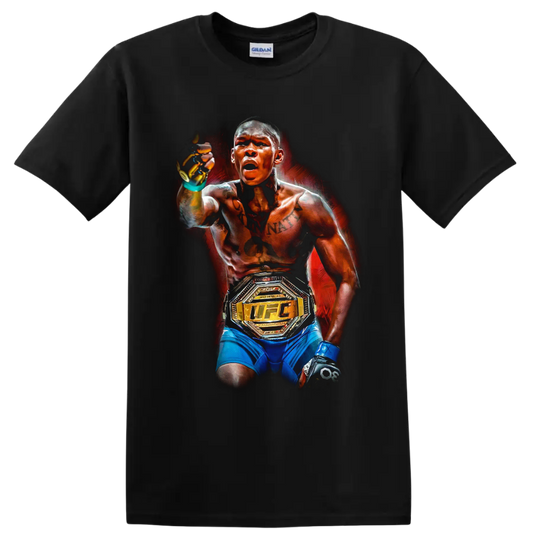Israel Adesanya painted MMA portrait with UFC championship belt on a Black T Shirt