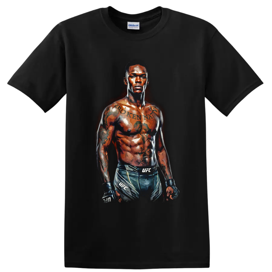 Israel Adesanya painterly MMA fighter portrait wearing gloves and fight shorts on a Black T Shirt
