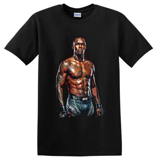 Israel Adesanya painterly MMA fighter portrait wearing gloves and fight shorts on a Black T Shirt