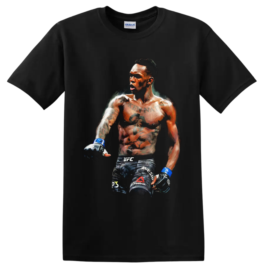 Israel Adesanya MMA fighter portrait in dramatic painterly fight-art style on a Black T Shirt