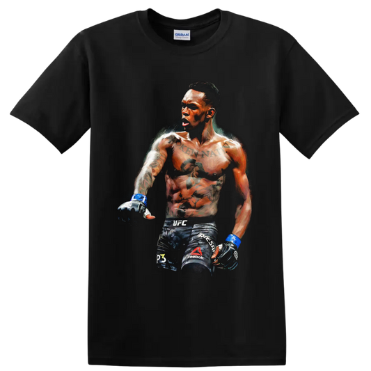 Israel Adesanya MMA fighter portrait in dramatic painterly fight-art style on a Black T Shirt