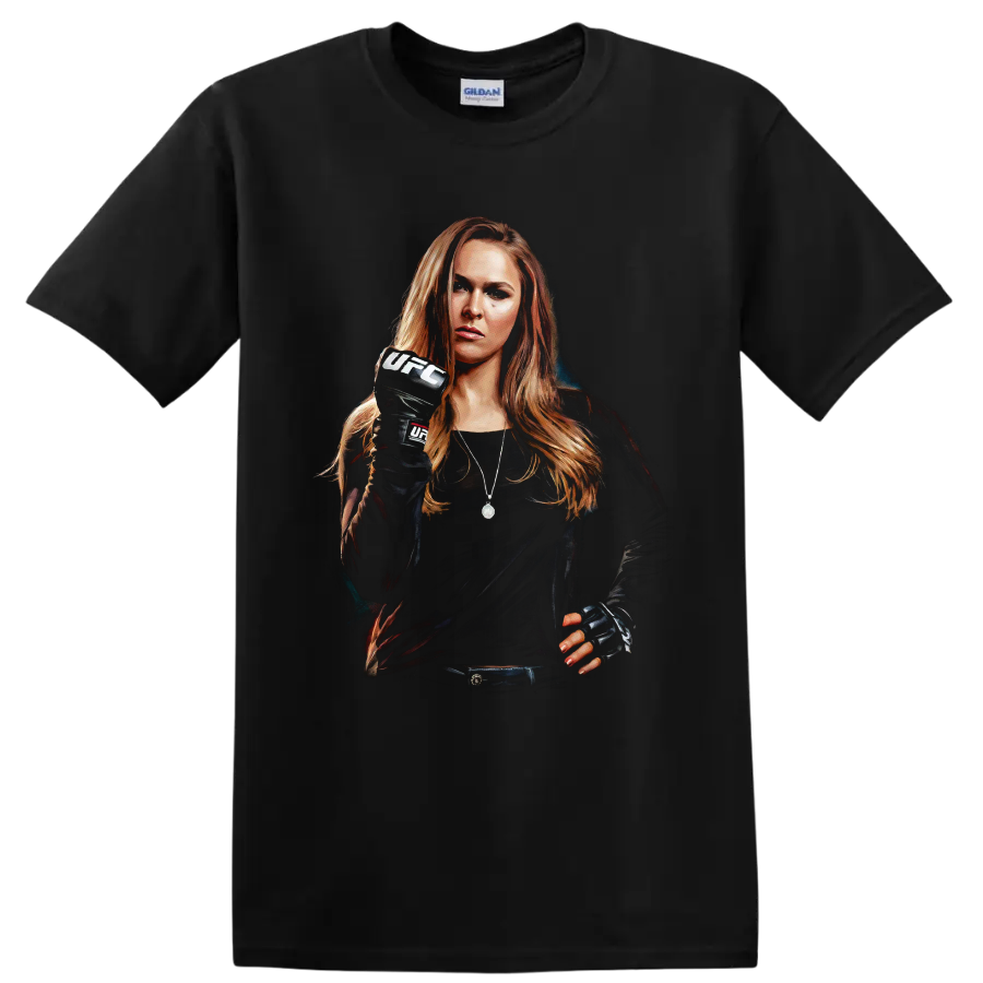 Ronda Rousey MMA fighter portrait in UFC gloves with a raised fist on a Black T Shirt