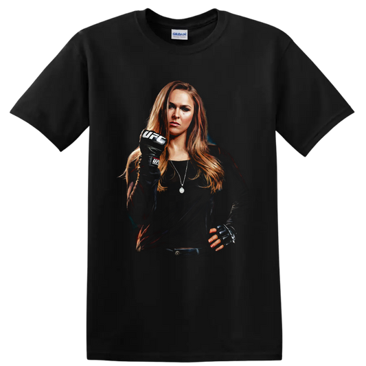 Ronda Rousey MMA fighter portrait in UFC gloves with a raised fist on a Black T Shirt