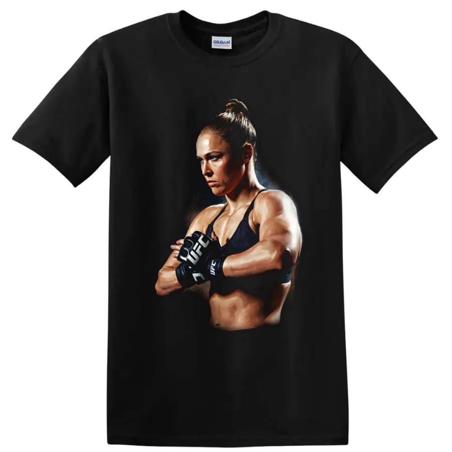 Ronda Rousey MMA fighter in gloves with a dramatic painterly portrait style on a Black T Shirt