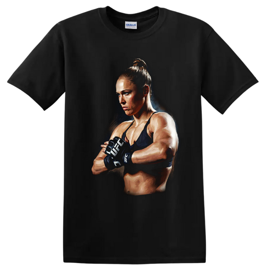 Ronda Rousey MMA fighter in gloves with a dramatic painterly portrait style on a Black T Shirt