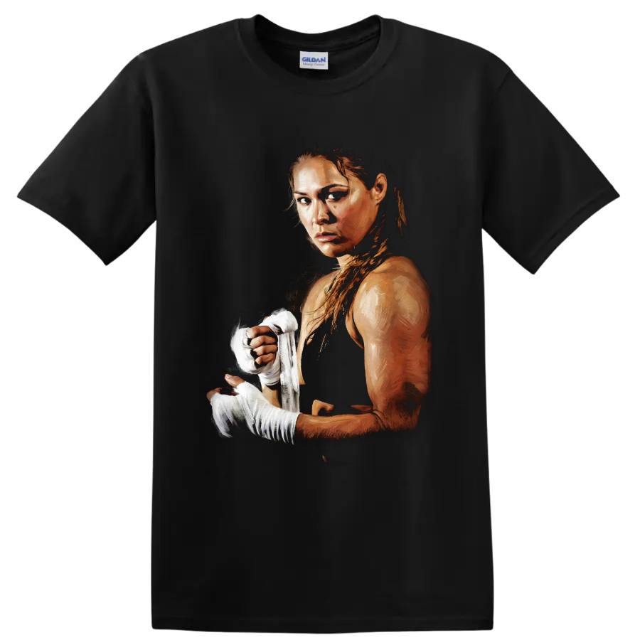 Ronda Rousey MMA fighter portrait with white hand wraps in dramatic painterly art on a Black T Shirt