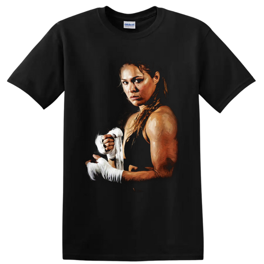 Ronda Rousey MMA fighter portrait with white hand wraps in dramatic painterly art on a Black T Shirt