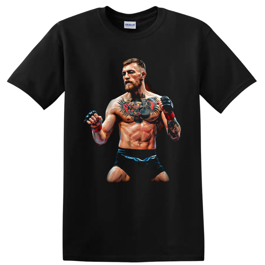 Painted Conor McGregor MMA fighter portrait with raised gloves and prominent tattoos on a Black T Shirt