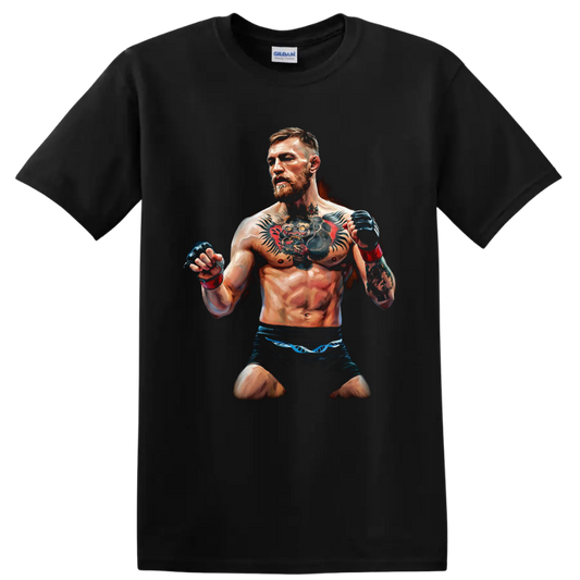 Painted Conor McGregor MMA fighter portrait with raised gloves and prominent tattoos on a Black T Shirt
