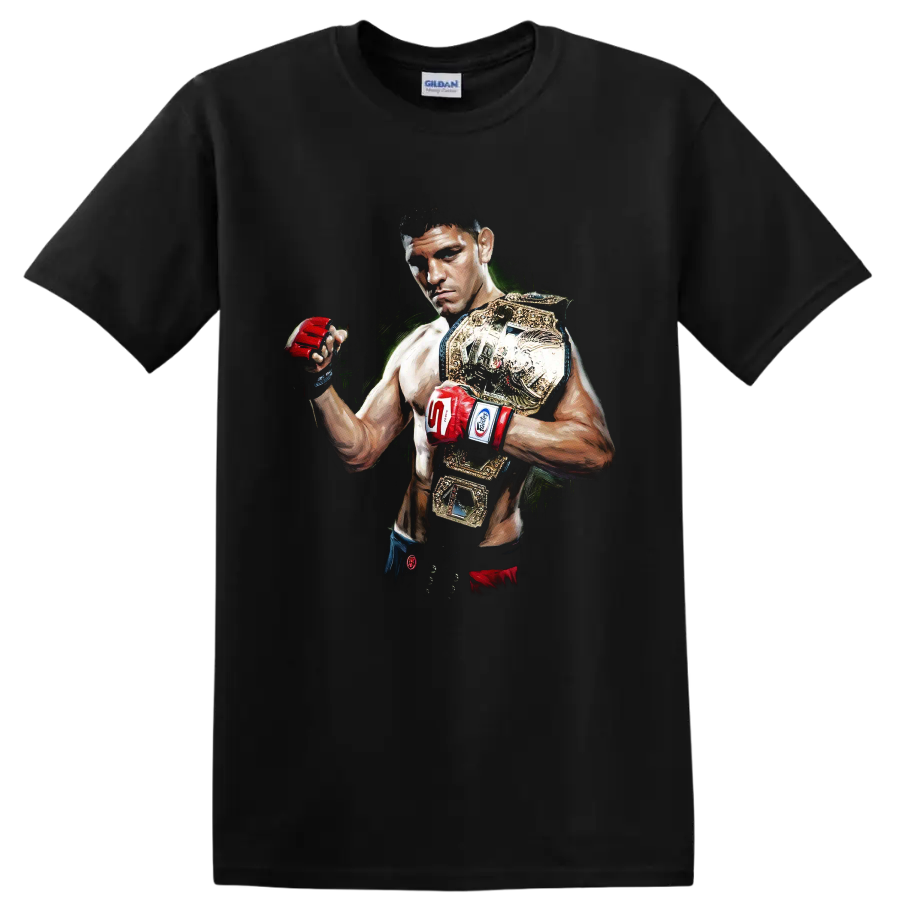 Painted B.J. Penn MMA portrait with red gloves and gold championship belts on a Black T Shirt