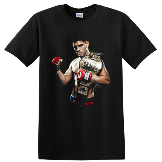 Painted B.J. Penn MMA portrait with red gloves and gold championship belts on a Black T Shirt