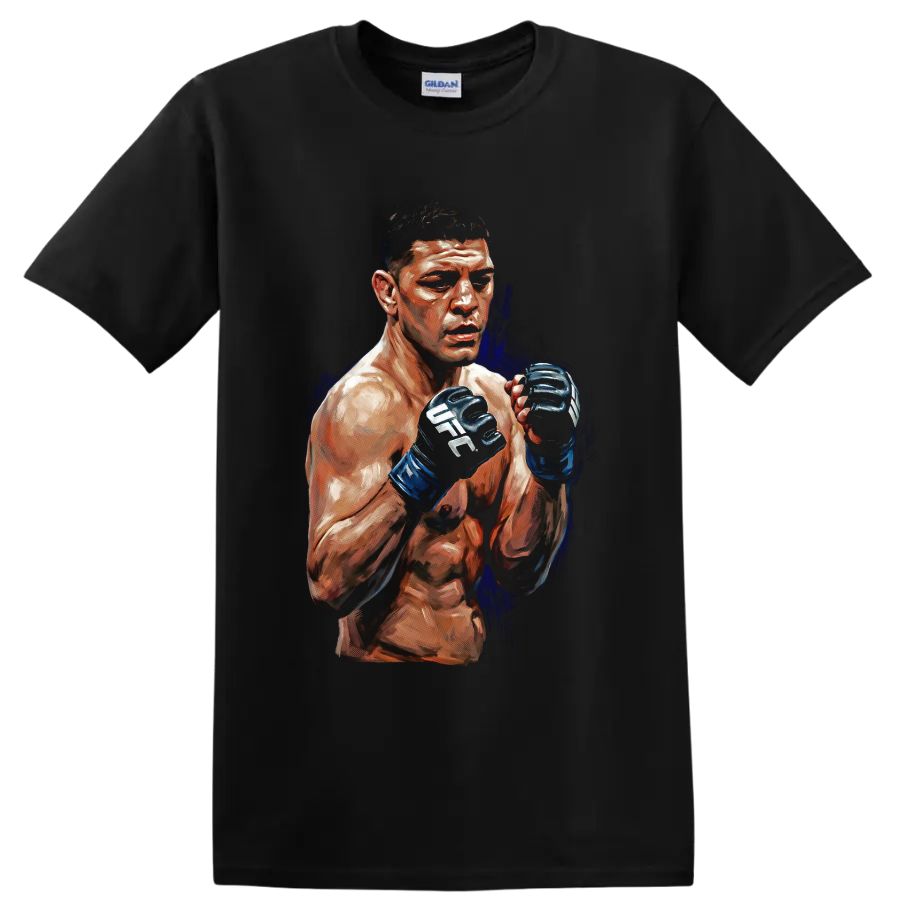 Nate Diaz painted MMA fighter portrait with raised UFC gloves and deep blue accents on a Black T Shirt