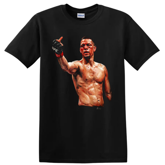 Nate Diaz bloodied MMA fighter portrait with raised gloved hand in painterly style on a Black T Shirt