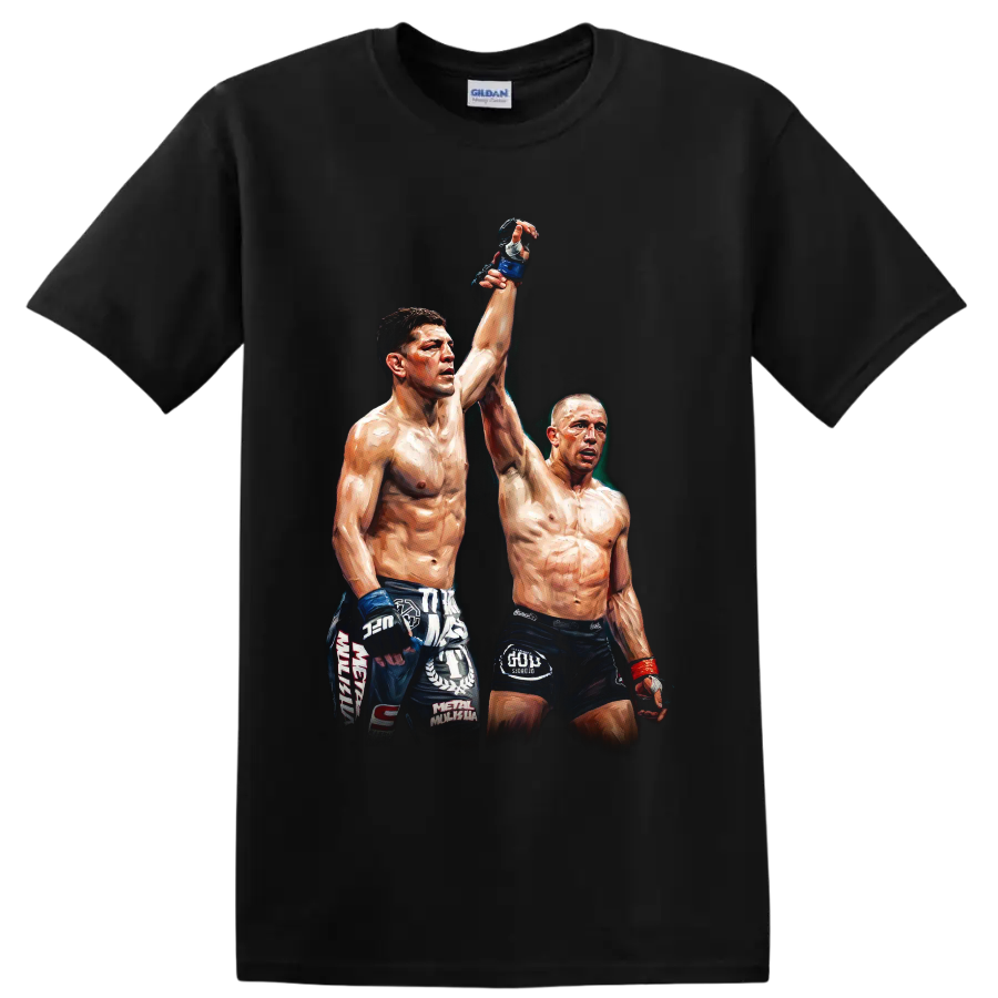 Nick Diaz and Georges St-Pierre in a painterly MMA raised-hand graphic on a Black T Shirt