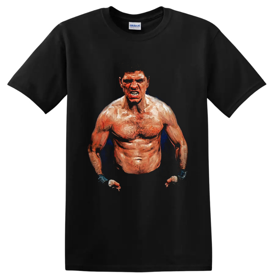 Nick Diaz fierce painted MMA fighter portrait with taped hands and blue accents on a Black T Shirt