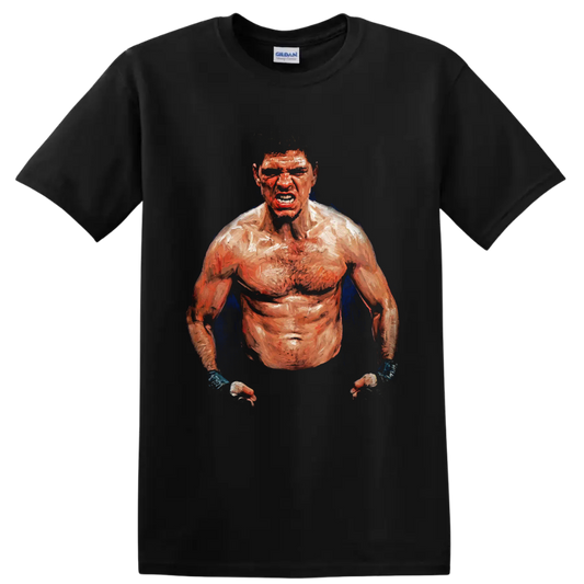 Nick Diaz fierce painted MMA fighter portrait with taped hands and blue accents on a Black T Shirt