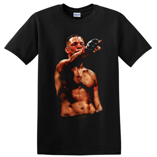 Nate Diaz bloodied MMA fighter portrait with raised black glove in gritty fight-night on a Black T Shirt