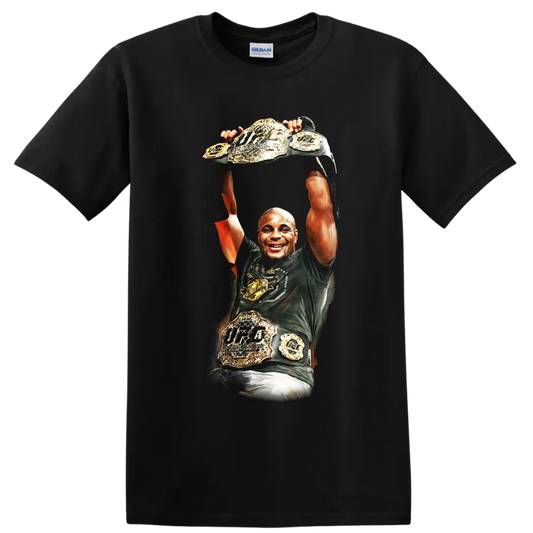 Daniel Cormier illustrated raising UFC championship belts in a triumphant victory pose on a Black T Shirt