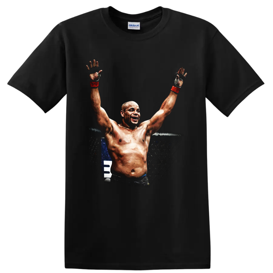Anderson Silva-style MMA fighter raising gloved hands in a painterly cage victory scene on a Black T Shirt