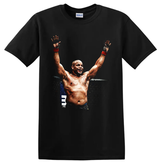 Anderson Silva-style MMA fighter raising gloved hands in a painterly cage victory scene on a Black T Shirt
