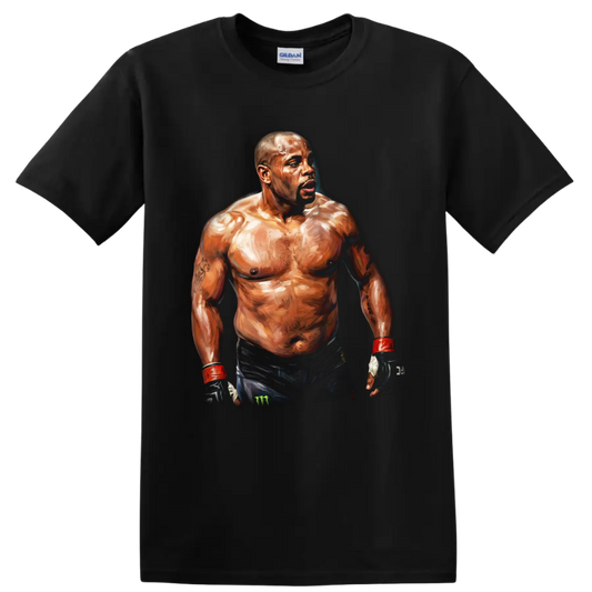 Painted portrait of MMA fighter Quinton Jackson Rampage in gloves and wrist wraps on a Black T Shirt