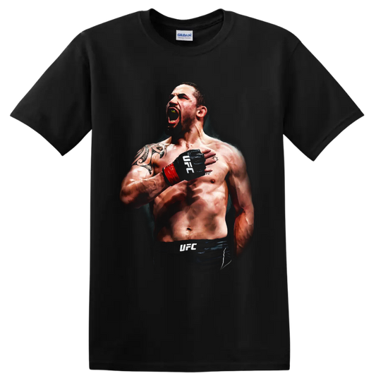 Robert Whittaker The Reaper roaring MMA fighter portrait with red wrist wrap on a Black T Shirt