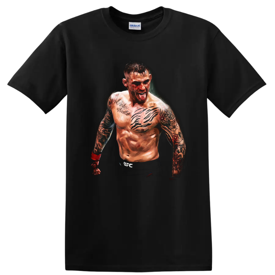 Dustin Poirier tattooed MMA fighter portrait with red hand wraps on a Black T Shirt