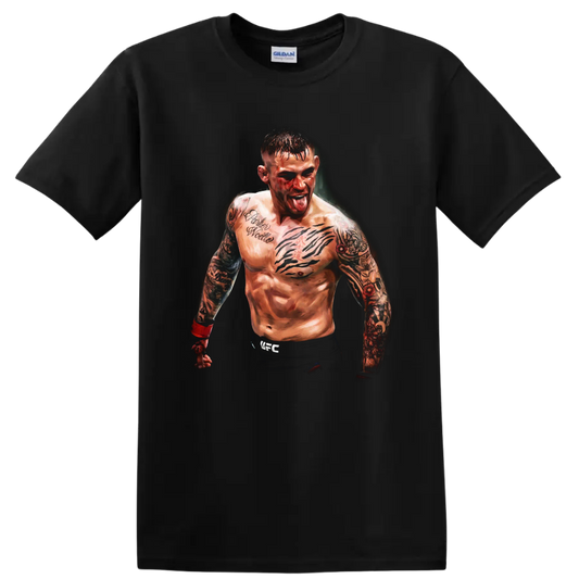 Dustin Poirier tattooed MMA fighter portrait with red hand wraps on a Black T Shirt