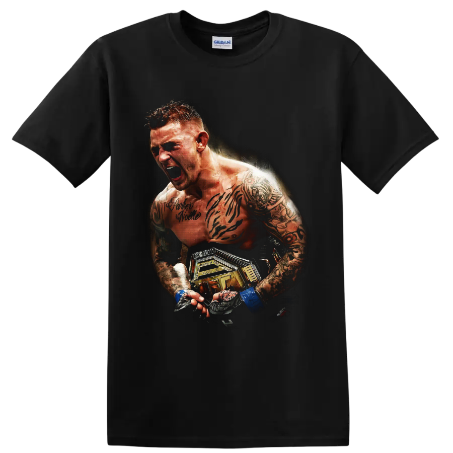 Dustin Poirier roaring MMA fighter portrait with tattoos, blue wraps, and championship on a Black T Shirt