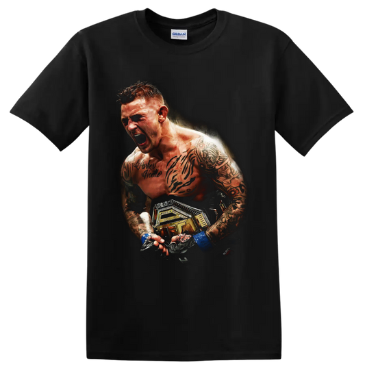 Dustin Poirier roaring MMA fighter portrait with tattoos, blue wraps, and championship on a Black T Shirt
