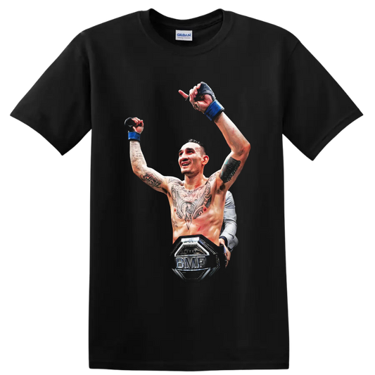 Max Holloway raising gloved hands in detailed MMA victory artwork with BMF belt on a Black T Shirt