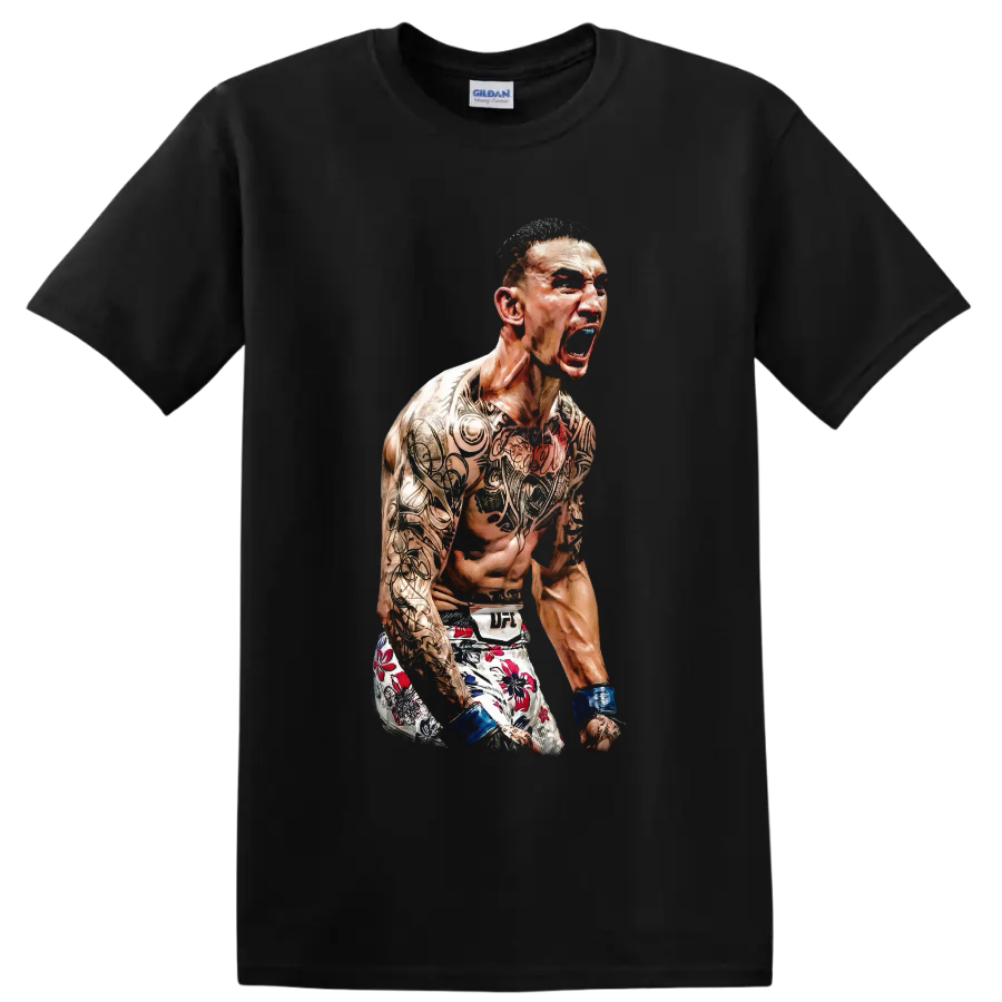 Max Holloway MMA fighter portrait with tattoos, blue wraps, and floral fight shorts on a Black T Shirt