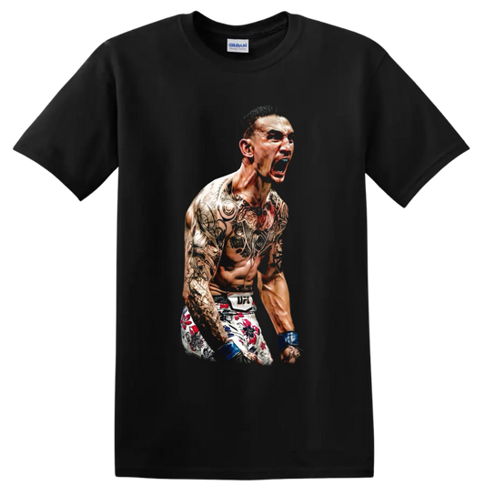 Max Holloway MMA fighter portrait with tattoos, blue wraps, and floral fight shorts on a Black T Shirt