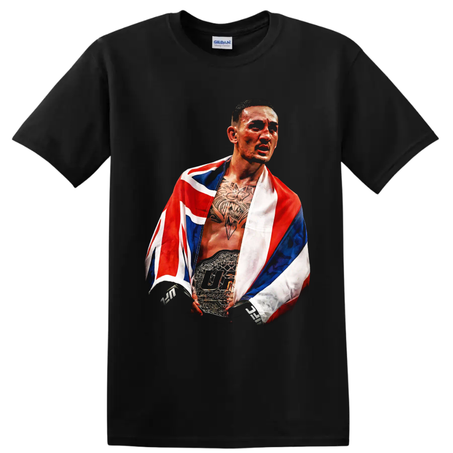 Painted Max Holloway championship belt portrait draped in a Hawaiian flag on a Black T Shirt