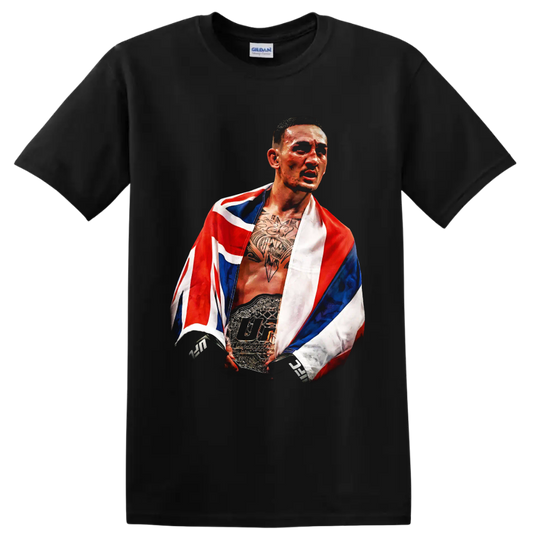 Painted Max Holloway championship belt portrait draped in a Hawaiian flag on a Black T Shirt